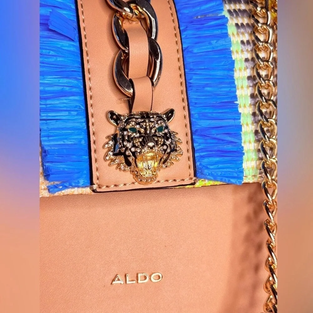 ALDO Raffia Chain Crossbody Bag Blue Fringe Gold Tiger Charm NWT